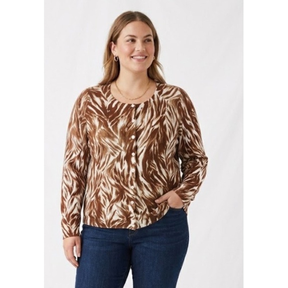 Talbots Cardigan XL Brown Abstract Lightweight Preppy Button Front Sweater
